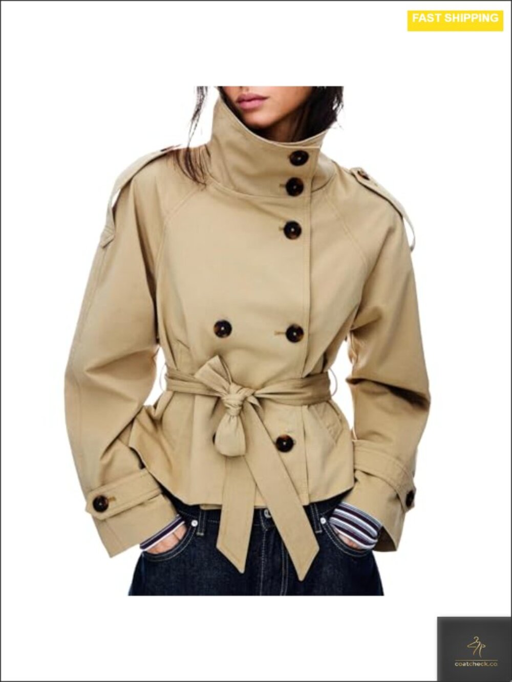 Women's Cropped Trench Coat Double Breasted Short Jacket with Belt Fall